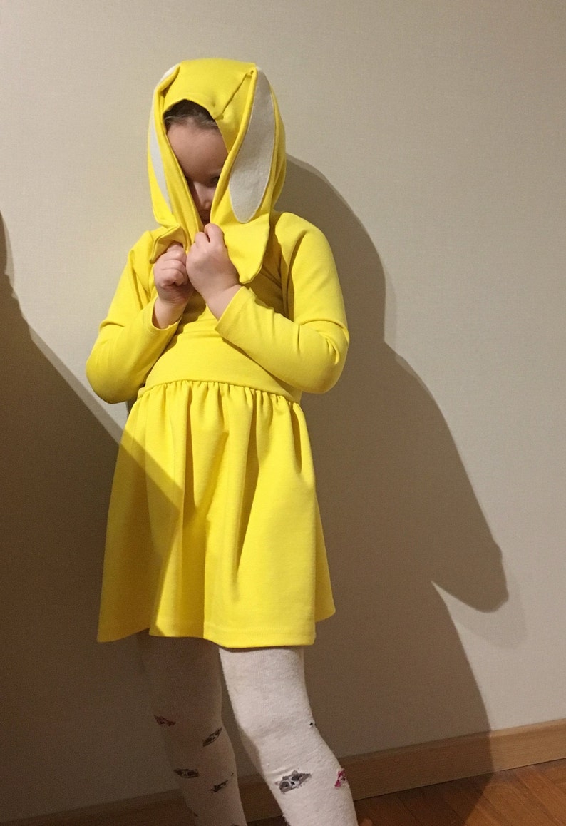 Cute dress with bunny ears Easter dress for girls Dress with long sleeves Rabbit dress Bunny ears Beautiful outfit for kids Yellow dress