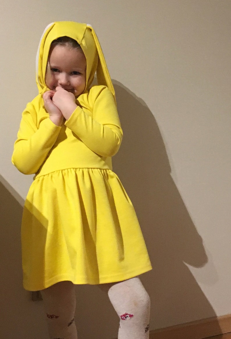 Cute dress with bunny ears Easter dress for girls Dress with long sleeves Rabbit dress Bunny ears Beautiful outfit for kids Yellow dress