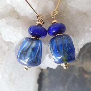 Murano glass earrings – Blue on green & gold plated, unique handmade creation, glass spun with a torch in my workshop