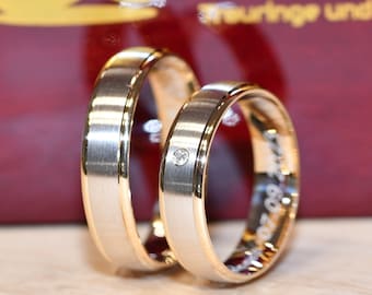 585 gold - wedding rings bicolor polished / brushed - width 5.3 mm - women's ring with diamond 0.02 ct.