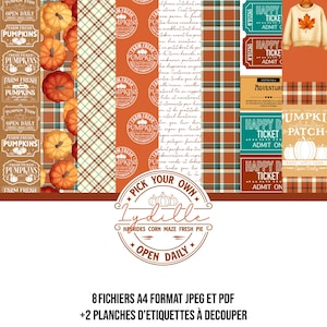 Peut inclure: Un ensemble de papiers numériques sur le thème de l'automne, avec des citrouilles, des motifs à carreaux et des graphiques de billets. Le texte comprend "Farm Fresh Pumpkins", "Pick Your Own" et "Open Daily".