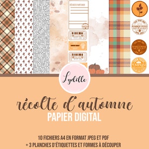May include: A digital paper pack with an autumn theme. The design includes plaid patterns, leaf motifs, vintage cinema tickets, and pumpkin-themed circular labels. The text "r&eacute;colte d'automne" and "PAPIER DIGITAL" are displayed in a decorative font.