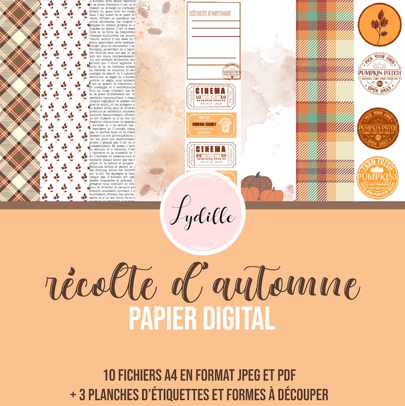 May include: A digital paper pack with an autumn theme. The design includes plaid patterns, leaf motifs, vintage cinema tickets, and pumpkin-themed circular labels. The text "r&eacute;colte d'automne" and "PAPIER DIGITAL" are displayed in a decorative font.