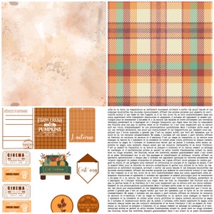 May include: A collage of autumn-themed elements. Includes a plaid pattern in orange, green, and brown, along with tags and tickets with text like "Farm Fresh Pumpkins" and "Cinema".