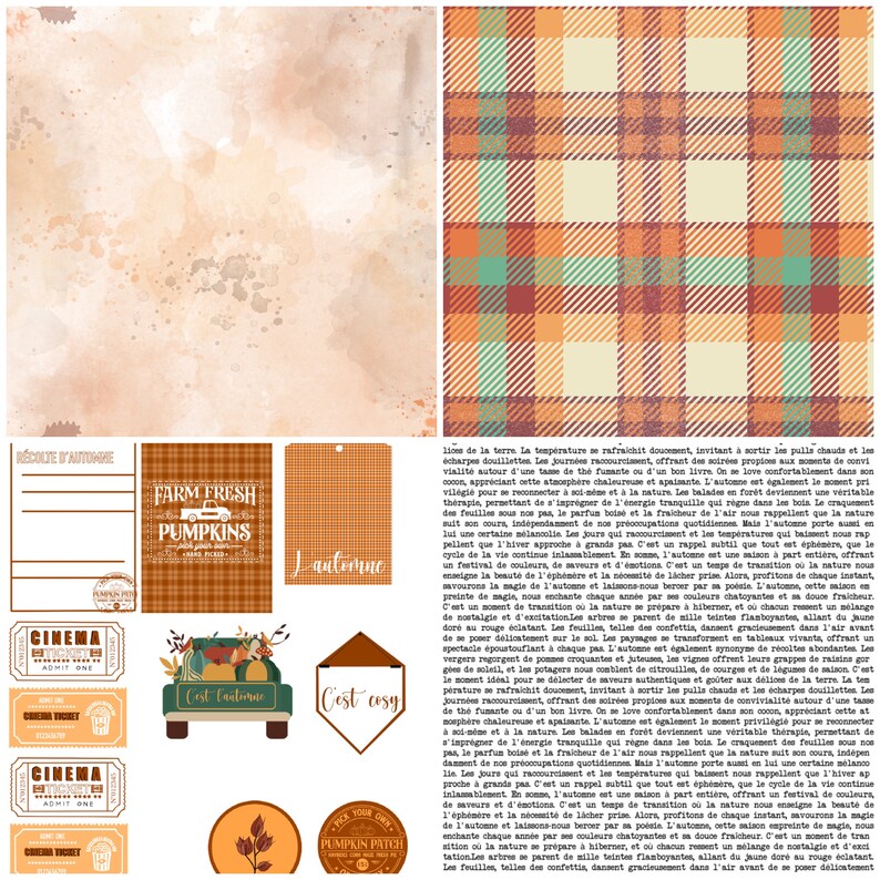 May include: A collage of autumn-themed elements. Includes a plaid pattern in orange, green, and brown, along with tags and tickets with text like "Farm Fresh Pumpkins" and "Cinema".