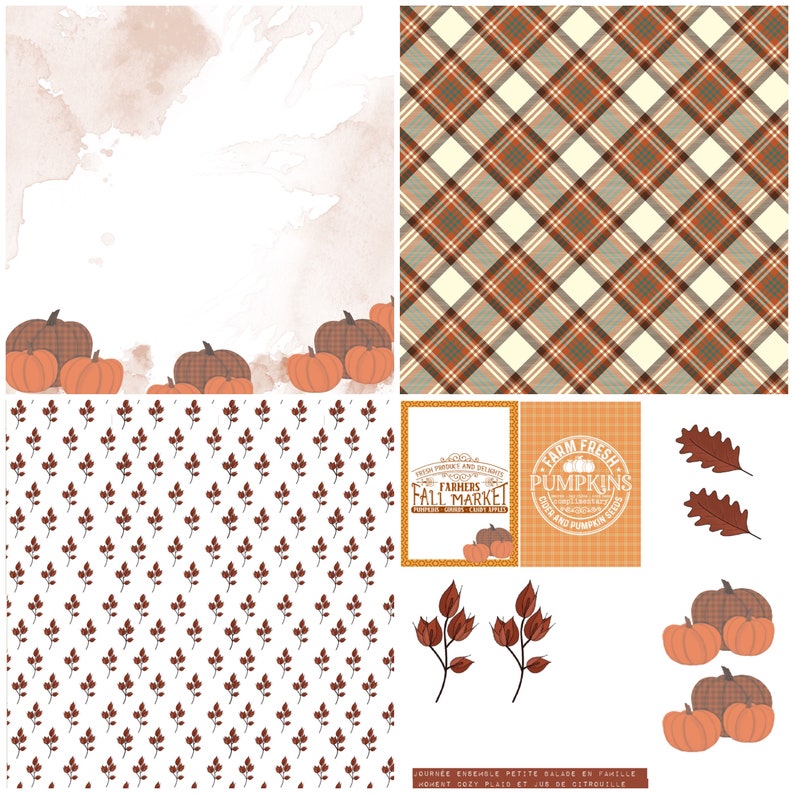 May include: A collage of fall-themed digital art elements. Includes pumpkins, plaid patterns in orange and cream, leaf illustrations, and a "Farmers Fall Market" sign. The color palette features warm tones of orange, brown, and cream.