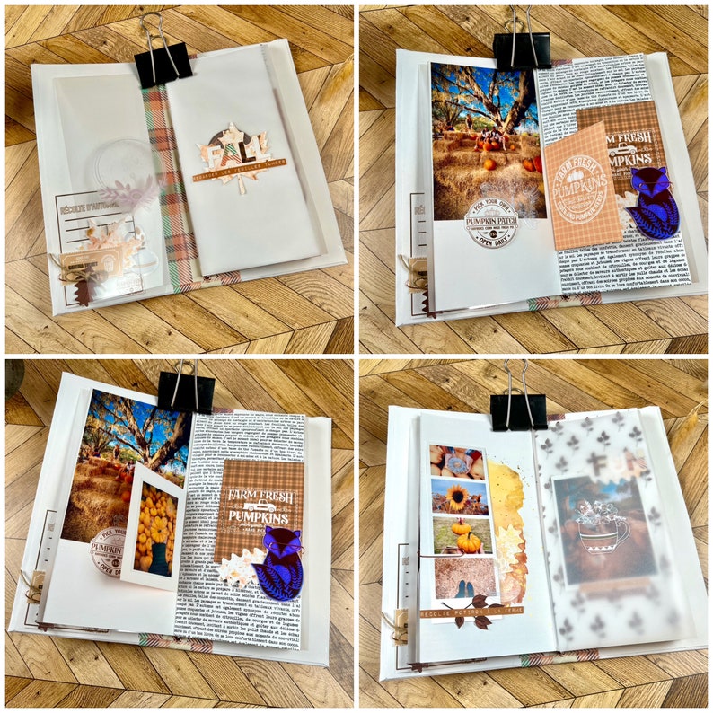 May include: A collage of autumn-themed scrapbook pages, featuring photos of pumpkins, fall foliage, and the text "Farm Fresh Pumpkins." The pages are held together with a black binder clip and include decorative elements.