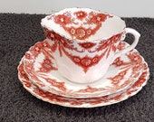 Antique English Bone China Trio - Handpainted Satsuma Red Flowers, Fancy Shape.