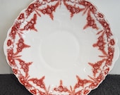 Antique English Bone China Cake Plate - Handpainted Satsuma Red Flowers, Fancy Shape.