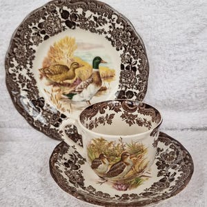 Könnte beinhalten: Ein Vintage-Tee-Set, bestehend aus einer Tasse, Untertasse und Teller. Das Set hat einen braunen Blumenrand und ein zentrales Bild von Enten in einer natürlichen Umgebung. Der Teller hat einen Durchmesser von ca. 23 cm.