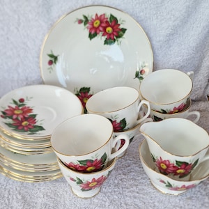 Artículos de té de porcelana de hueso Royal Windsor - Flores rosadas (patrón de crisantemo Poss) Elija en el menú desplegable.