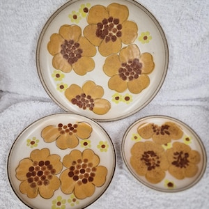 May include: Set of three ceramic plates with a floral design. The plates are white with brown and yellow flowers. The largest plate is 25 cm in diameter, the medium plate is 20 cm in diameter, and the smallest plate is 15 cm in diameter.