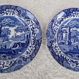 Puede incluir: Dos platos de cerámica azul y blanco con un patrón floral y una imagen central de un paisaje azul y blanco.