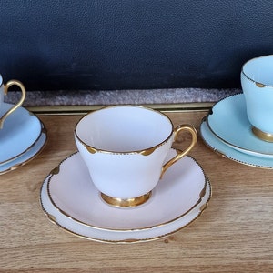 Vintage Shelley Bone China Trio - Pastel Harlequin Colours,  Pastel with Gold Dontil Trim