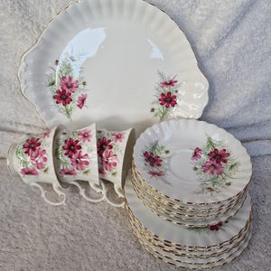 Può includere: Un servizio da tè vintage con un grande vassoio, tazze e piattini. I pezzi in porcellana bianca sono decorati con un motivo floreale di fiori rosa e foglie verdi. I bordi dei piatti e delle tazze sono rifiniti con bordi dorati.