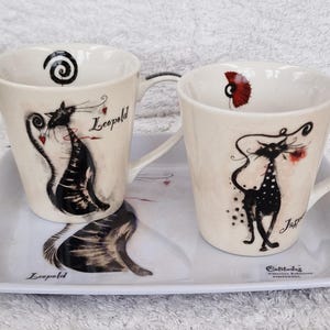 Portmeirion Pimpernel 2 x Porzellan-Tassen und Melamin-Tablett - Katzen
