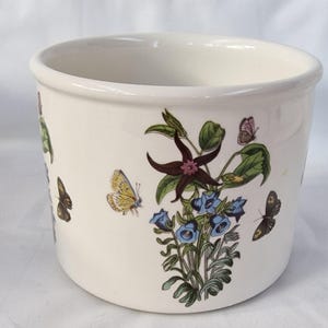 Puede incluir: Maceta de cerámica blanquecina con un borde ancho. Está decorada con ilustraciones de mariposas, flores azules y flores en forma de estrella de color púrpura oscuro con hojas verdes. El diseño es de estilo botánico vintage.