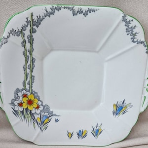 Vintage,  Hand Painted,  Melba Fine Grade Bone China Art Deco Cake Plate  -  Spring Flowers