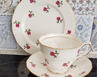 Colclough trio in small dark pink ditsy roses pattern called Fragrance.