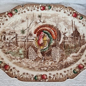 May include: Oval serving platter with a turkey illustration. The beige platter has a brown scalloped edge with fruit and floral designs. The turkey is in the center, with a colorful fan of feathers and a rural landscape background.