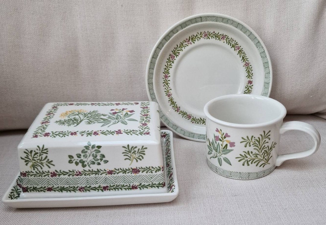 Vintage Portmeirion Lidded Butter Dish and Cups and Saucers National
