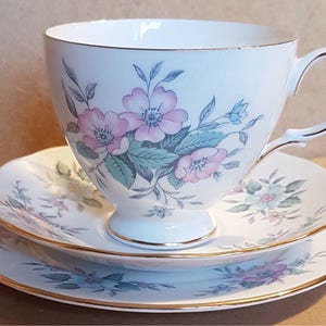 Trio de fleurs roses et bleues de Coppelia Colclough - tasse, soucoupe et assiette. .