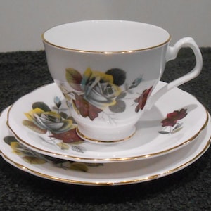 Windsor Bone China Cup and Saucer -  White Rose,  Yellow Tinge, Red Wild Roses
