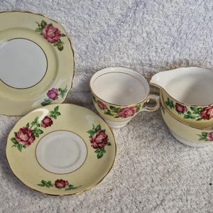 Colclough Bone China Teeartikel in einem großen rosa Rosenmuster auf gelbem Rand.  Bitte aus dem Dropdown-Menü auswählen