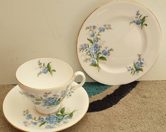 May include: A white teacup, saucer, and plate set. Each piece is decorated with a blue floral pattern and gold trim. The teacup has a curved handle, and the plate is round.