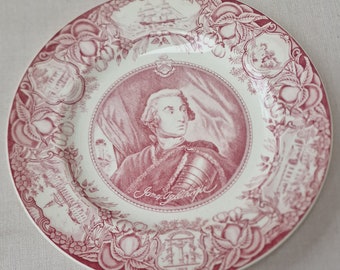 Vintage Wedgwood of Etruria Pink and White  Collectors Display or Dinner Plate.  James Oglethorpe  Founder of Georgia