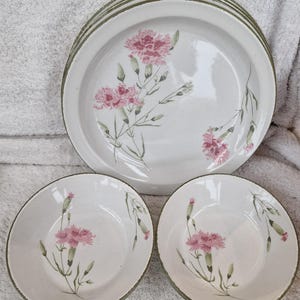 Può includere: Un set di piatti e ciotole in ceramica bianca con un motivo floreale. I piatti e le ciotole presentano un motivo di garofani rosa e steli verdi. I bordi dei piatti e delle ciotole hanno un bordo verde.