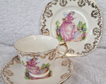 Trio vintage in bone china inglese - Mignolo - Oro 22 kt