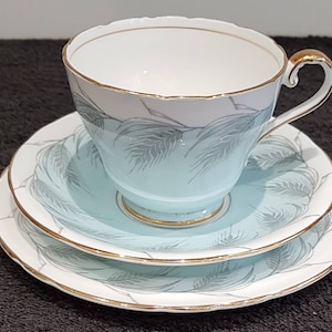 Beautiful Aynsley Bone China Trio -  Sky Blue with Grey Wheat -  Called Blue Wheat