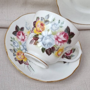 Duchess Bone China  Trio - Mossleigh pattern, with Blue, Pink and Yellow Roses