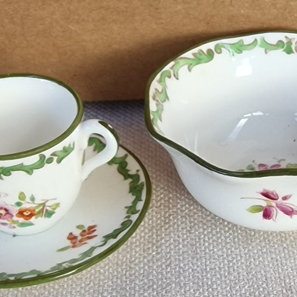 Coalport Miniature Cup and Saucer - Hand Painted Flowers with Green Trim - with matching Miniature Fruit Bowl