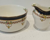 Antique Part Hand Painted Edwards Brown Duchess Art Nouveau Milk jug and open bowl - Imari Colours , pink and yellow Ditsy roses.