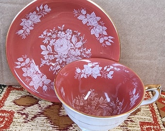 Aynsley Bone China Cup and Saucer - Terracotta with White Roses