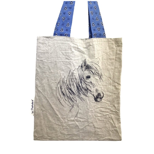 Sac fourre tout en lin mélangé cheval, anses en tissu provençal bleu, fait main en Provence