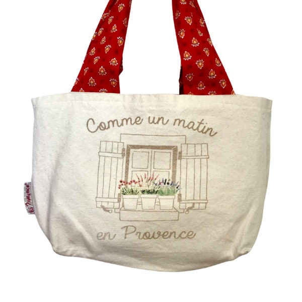 Grand sac cabas en coton épais écru, imprimé fenêtre fleurie, encres écolabel, anses foulard en tissu provençal, fabriqué en Provence