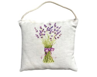 Sachet de lavande, Coussin de porte à suspendre garni de lavandin imprimé manuellement bouquet de lavande, décoration, fait main en Provence