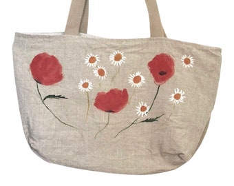 Sac fourre tout petit cabas en lin coton naturel, imprimé coquelicots et marguerites, doublé, 2 poches, fait main en Provence, France