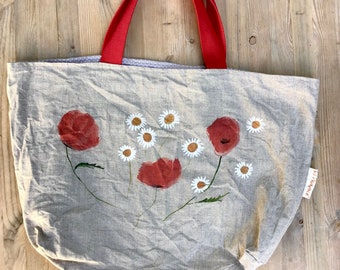 Sac fourre tout cabas en lin coton naturel, imprimé coquelicots et marguerites, doublé, 2 poches, fait main en Provence, France