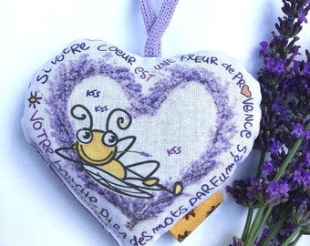 Sachet de lavande coeur, Coussin de porte cœur garni de lavandin, imprimé manuellement cigale et message, décoration, fait main en Provence