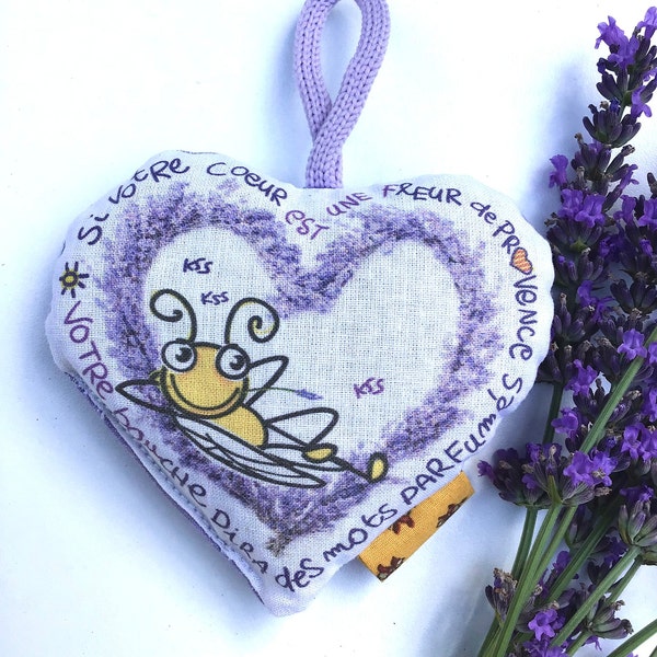 Sachet de lavande coeur, Coussin de porte cœur garni de lavandin, imprimé manuellement cigale et message, décoration, fait main en Provence