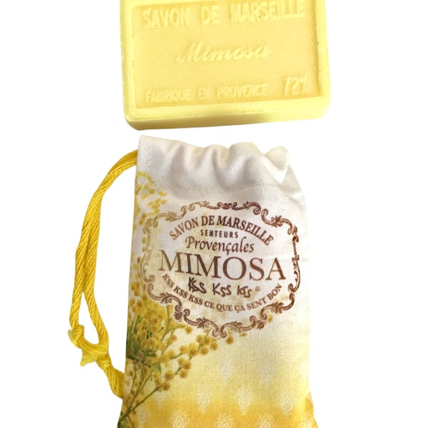 Savon artisanal et naturel, parfum Mimosa, purifiant, tous types de peau, sac imprimé manuellement, atelier en Provence, France