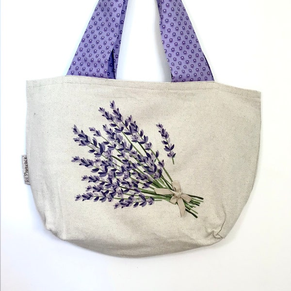 Sac cabas en lin mélangé "bouquet de lavande", anses foulard en tissu provençal, fait main en Provence