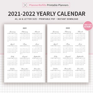 2021 Yearly Calendar 2022 Yearly Calendar Year At A Glance Etsy at a glance yearly calendar 2021 2022
