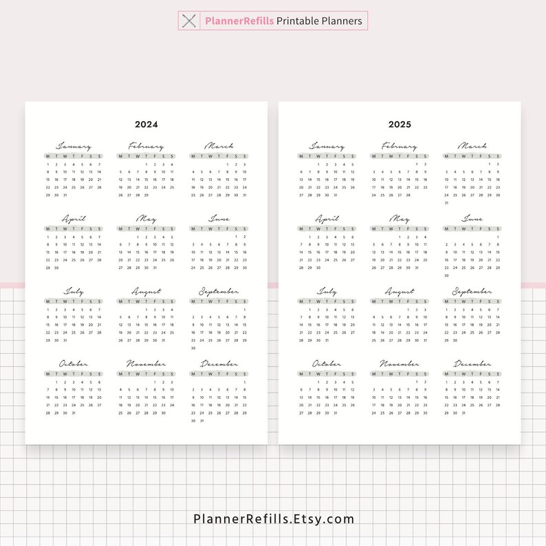 2024 Yearly Calendar, 2025 Yearly Calendar, Year at a Glance, Yearly