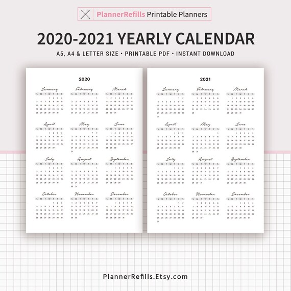 2021 calendar at a glance 2020 2021 Yearly Calendar Year At A Glance Yearly Agenda Etsy 2021 calendar at a glance