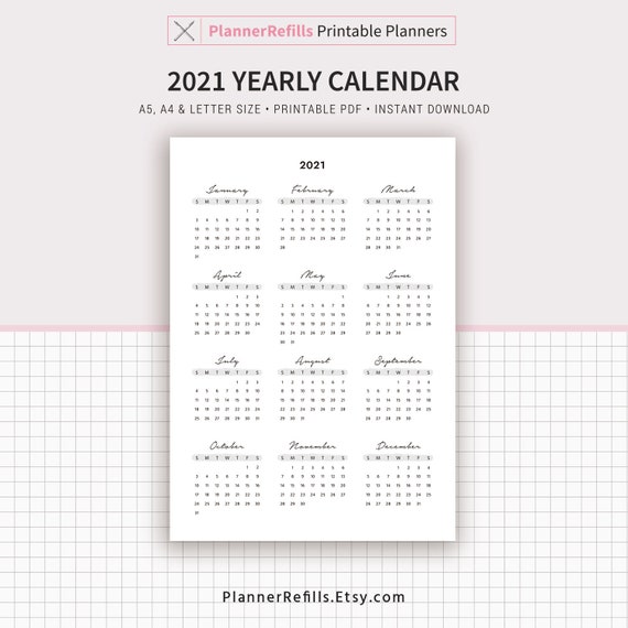 2020 2021 Yearly Calendar Year At A Glance Yearly Agenda Etsy